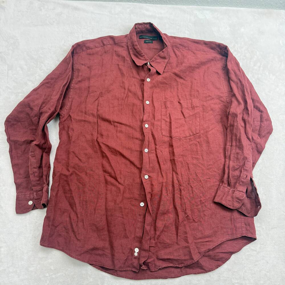 Metropolitan View Men's Button Up Shirt Burgundy Size L Irish Linen Long Sleeve